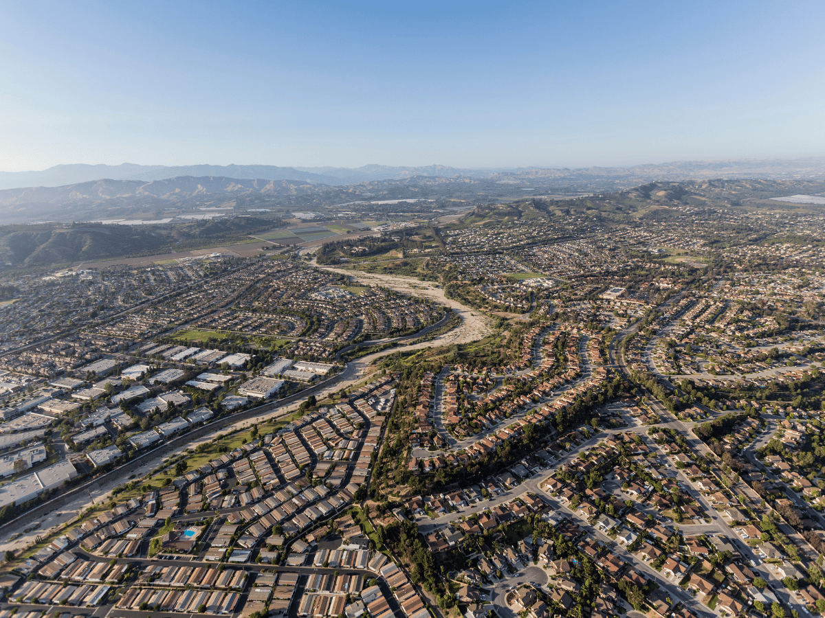 Aerial view of Camarillo, California with residential neighborhoods and surrounding valley landscapes.