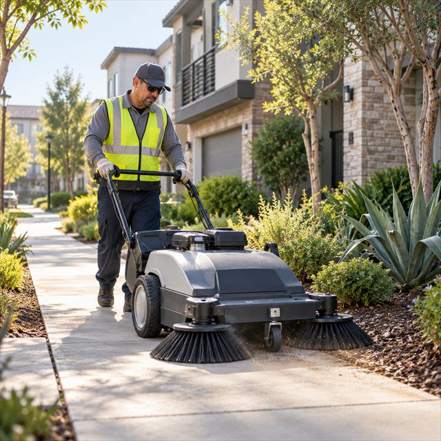 Professional street sweeping operator using a mechanical sweeper to clean a residential community sidewalk during HOA sweeping services in Camarillo, CA