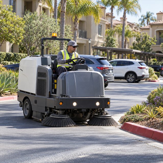 Professional street sweeper operator driving a ride-on sweeping machine to clean a residential community parking area during HOA sweeping services near me