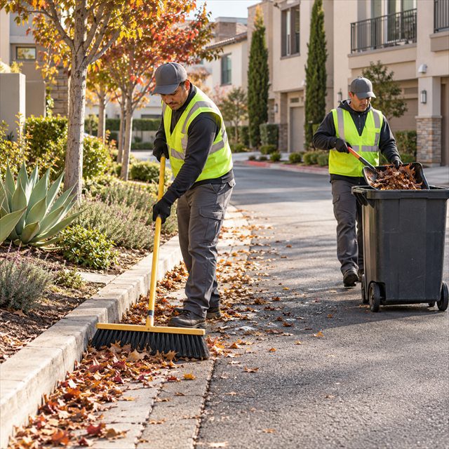 Maintenance workers sweeping fallen leaves along a residential community curb and collecting debris during HOA sweeping services near me