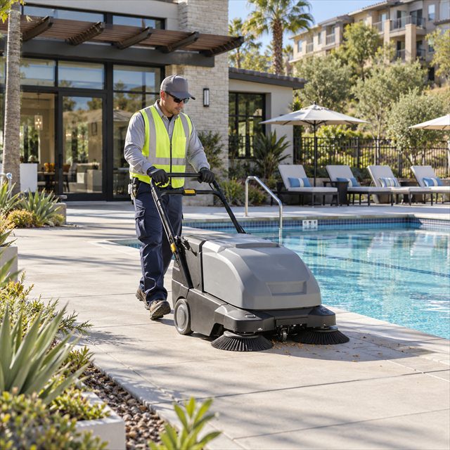 Professional sweeper operator using a walk-behind sweeping machine to clean a residential community pool deck during HOA sweeping services in Fillmore, CA
