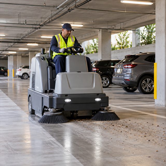 Professional street sweeper operator driving a ride-on sweeping machine to remove dirt and debris from a residential parking garage during HOA sweeping services near me