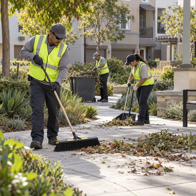 Professional maintenance crew sweeping fallen leaves and landscaping debris from a residential community walkway during HOA sweeping services in Moorpark, CA